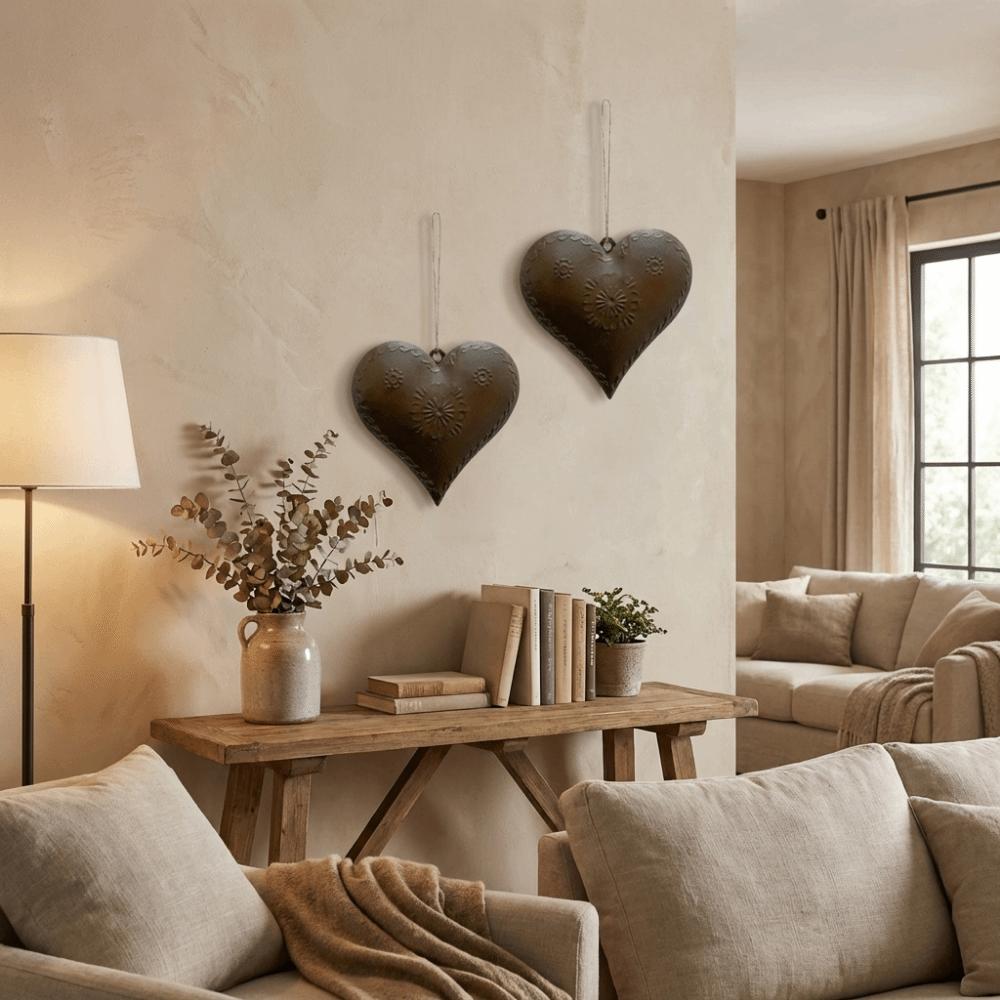 2PCS Vintage Heart Shaped Hanging Pendant Iron Heart Shaped Ornament Wall Decor  for Home