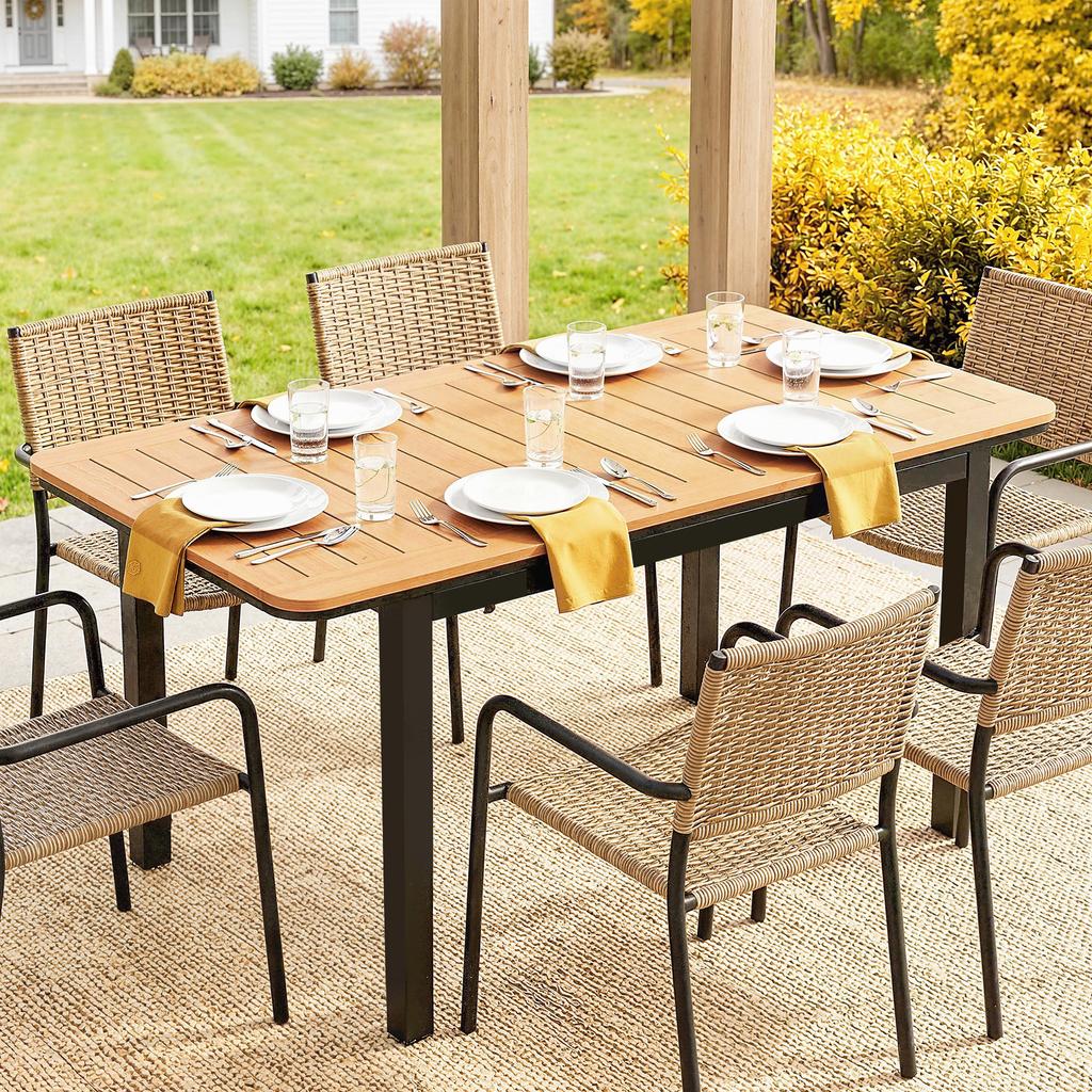 Garden Dining Table for 6, Composite Wood, Metal Frame, 127 x 70 cm, Brown