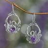 Luxury Charm Silver Color Round Swan Purple Stone Dangle Earrings for Women  Geometry Engagement Wedding Earrings