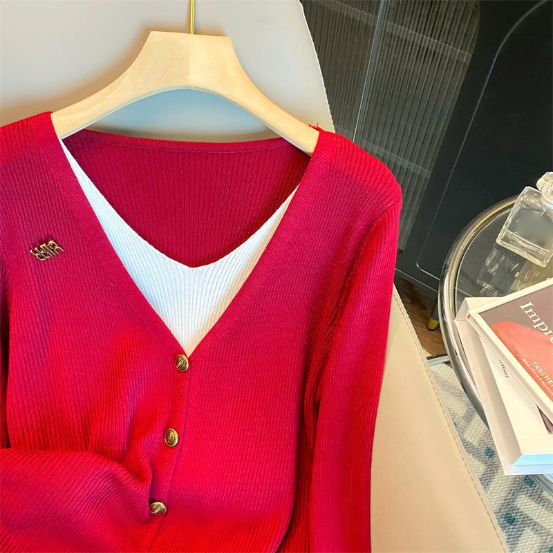 Contrasting Stitching Fake Two-piece Knitted Cardigan for Autumn and Winter Women's Loose and Versatile Slim Long-sleeved Top