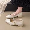Women's French Retro Square-Toe Mary Janes - Spring Fashion Chain Chunky Heel Low-Cut Leather Shoes