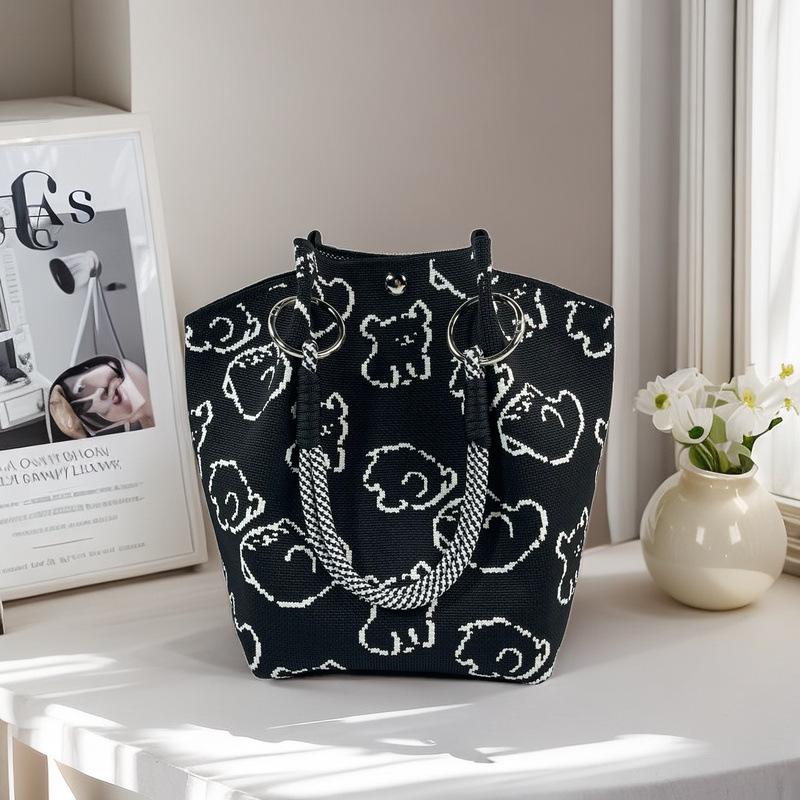 Knitted Tote with Woven Ring Buckle, 3D Magnetic Snap Handbag & Clutch