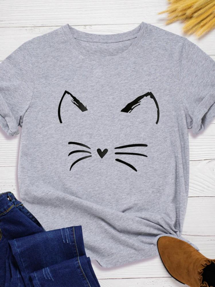 Cat Face Print Women T Shirt Short Sleeve O Neck Loose Women Tshirt Ladies Tee Shirt Tops Clothes Camisetas Mujer
