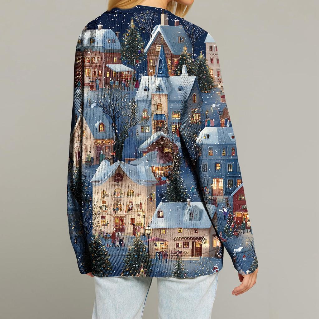 Women's Fashion Long Sleeve Print V-Neck Button Loose Cardigan Top