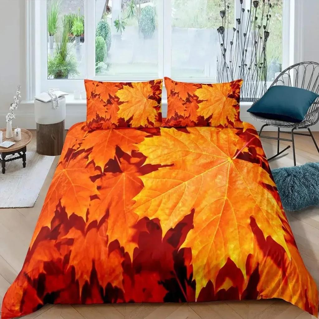 Maple Leaves Duvet Cover Set Colorful Autumn Season Maple Leaves In Unusual Designs Nature Print King Size 3D Bedding Set