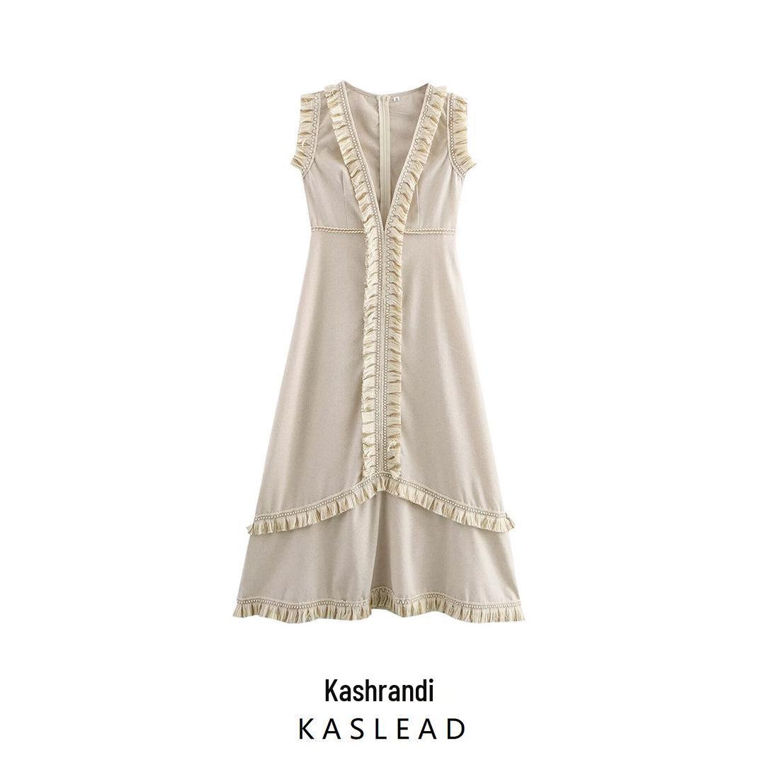 

Spring 2025 Women s European & American Style Deep V Tassel Vacation Dress M