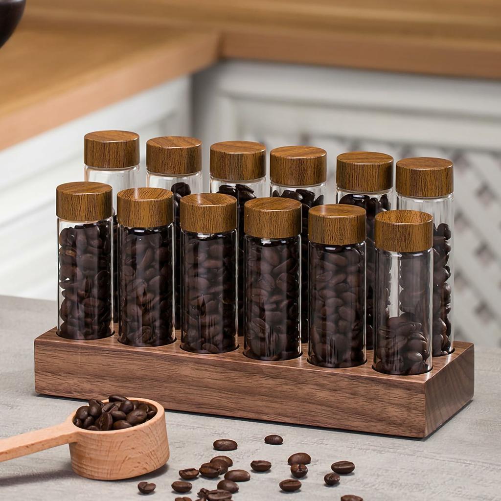 Wooden Base Coffee Bean Display Stand with 12 Clear Glass Tubes and Funnel for Cafe Bar Counter Storage