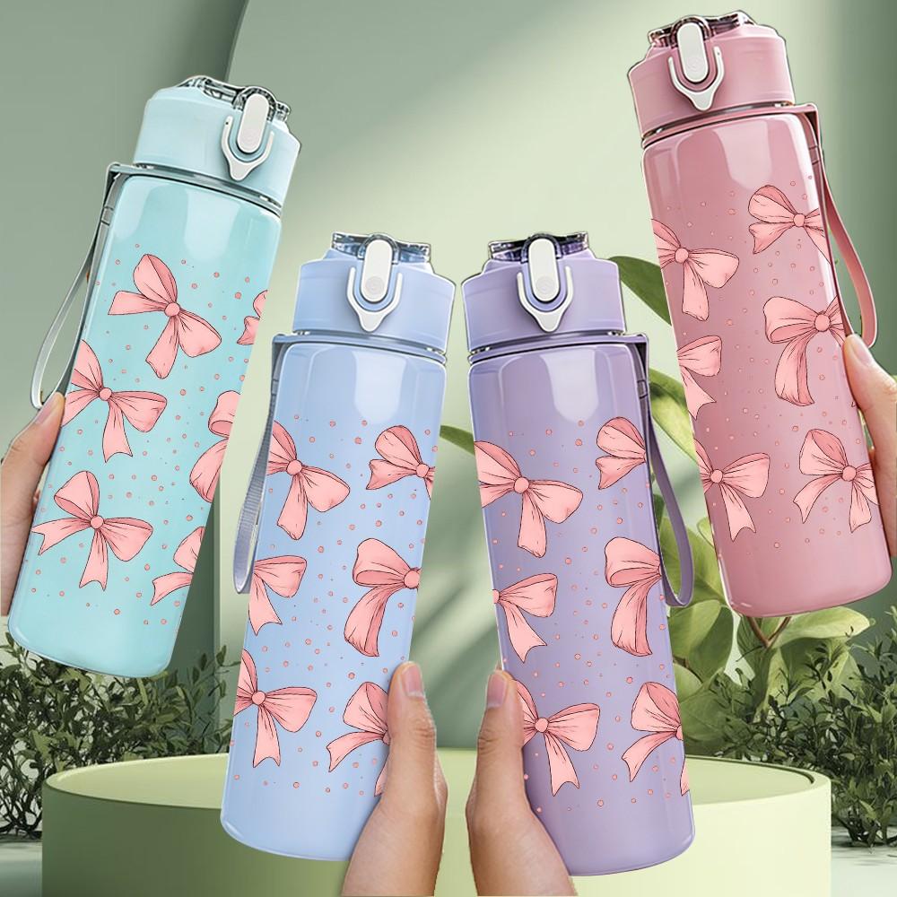 1PC Repeating Pink Bow Grid Texture 750ml Color Plastic Sports Water Bottle Leakproof Flip Straw Lid For Sports Office Home Use