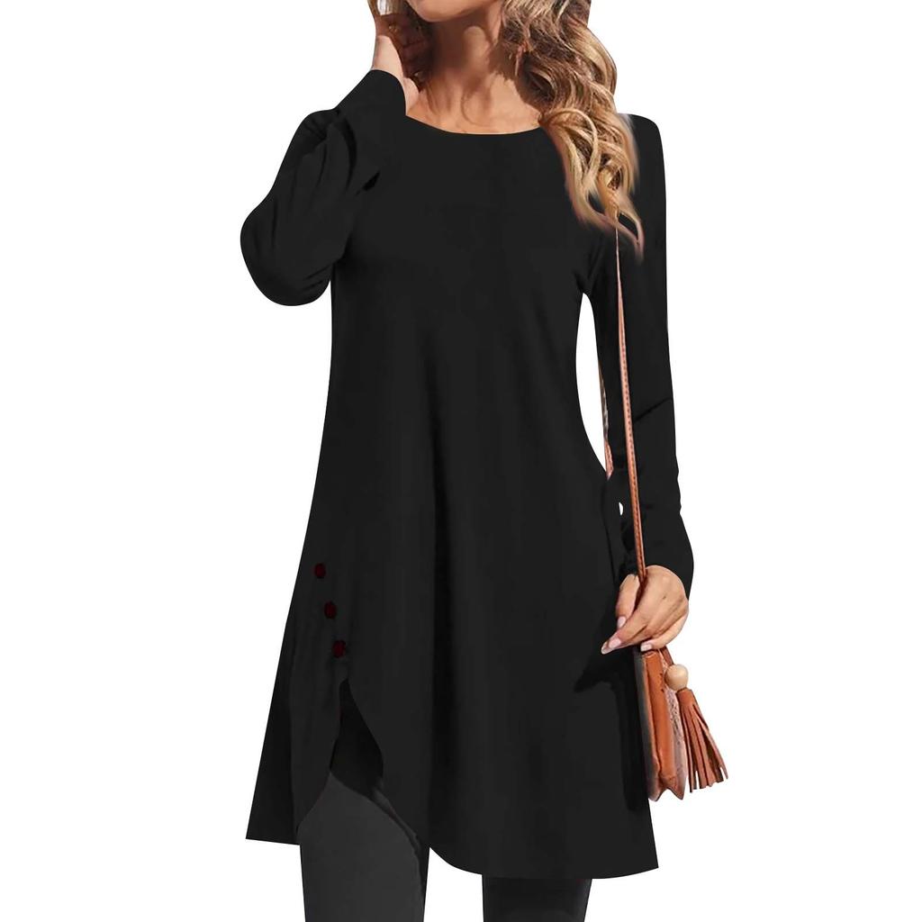 Women's Round Neck Loose Fitting Casual Long Sleeved Color Medium Length T-shirt Top