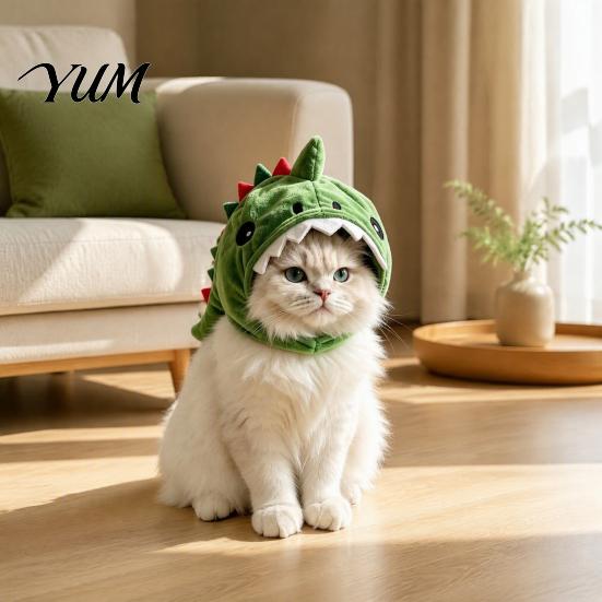 Funny Pet Outfit for Internet Celebrities Cute Dinosaur Hat Cats, Soft Plush Cat Headwear Breathable Accessory Photos with Shark Design, Novelty Green