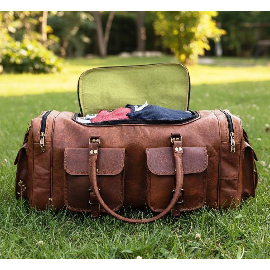 Leather 24 Inch U Zip Holdall Luggage Handmade Duffel Bag Carryall Weekender Travel Overnight Gym Sports Carry On Duffel Bag For Men And Women