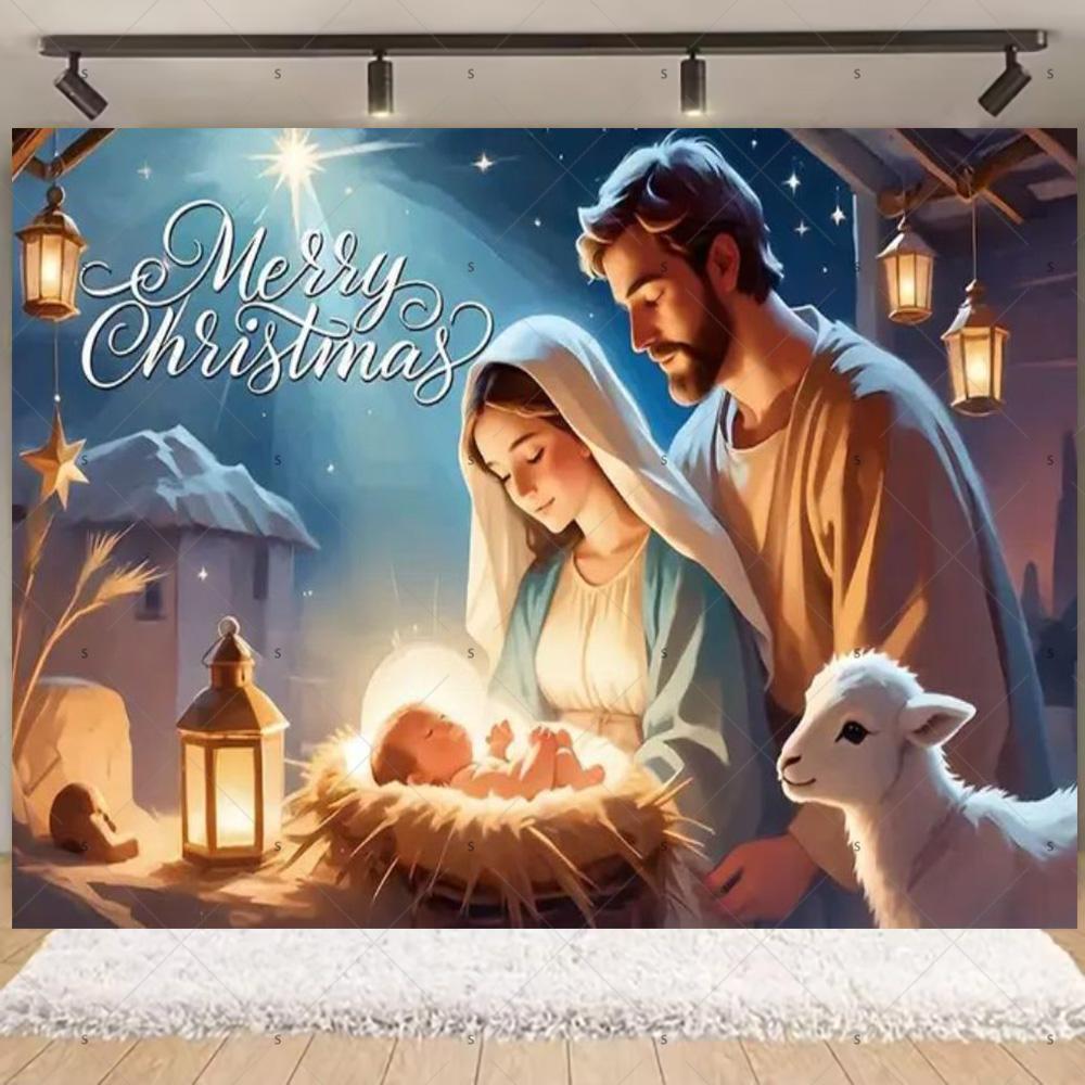 Nativity Scene Background Banner Starry Night Traditional Christmas Religious Jesus Backdrop Supplies Christmas Party Decoration