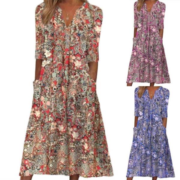 Summer Fashion Vintage Floral Print Boho Party Dresses for Women Vacation V-Neck Short Sleeve Pockets Beach Midi Dress Robe