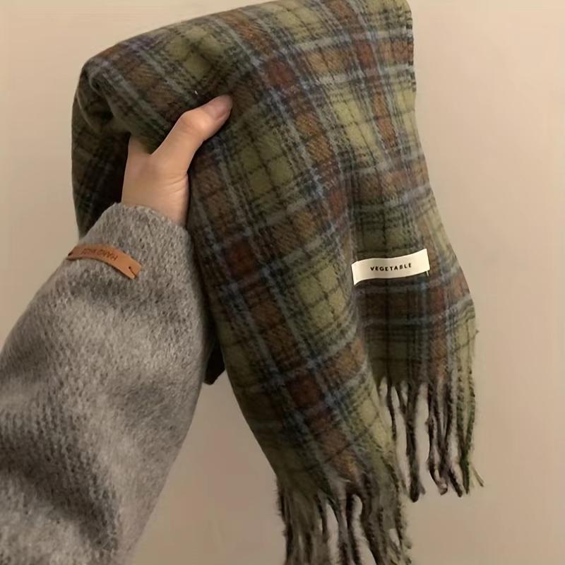 Vintage Green Plaid Tassel Scarf Women Imitation Cashmere Thickened Warmth Autumn Winter Shawl Wrap Scarves Pashmina