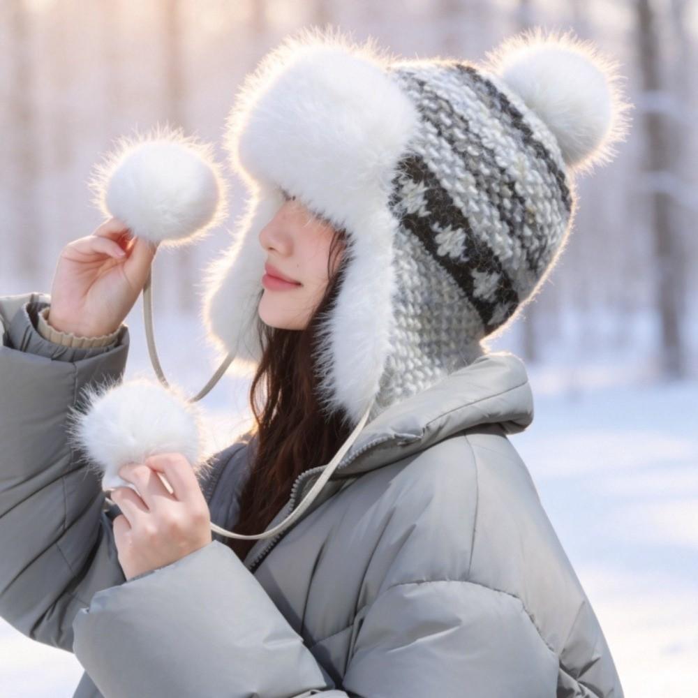 Pom Poms Knitted Trapper Hat 55-58cm Head Circumference Winter Hat Ushanka Hat Outdoor Activities