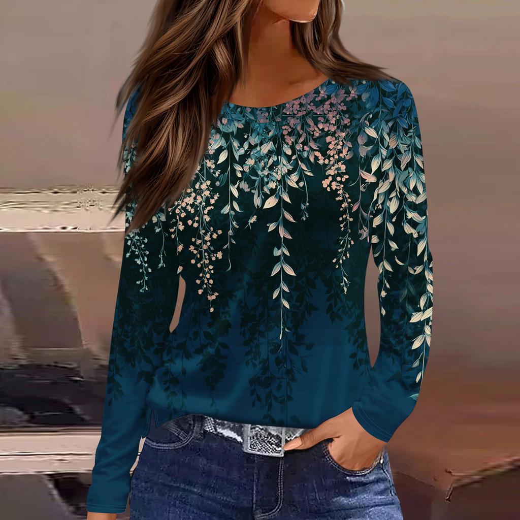 Women's Fashion Casual Slit Hem Round Neck Long Sleeve Loose Printed T-Shirt Ladies Top Christmas