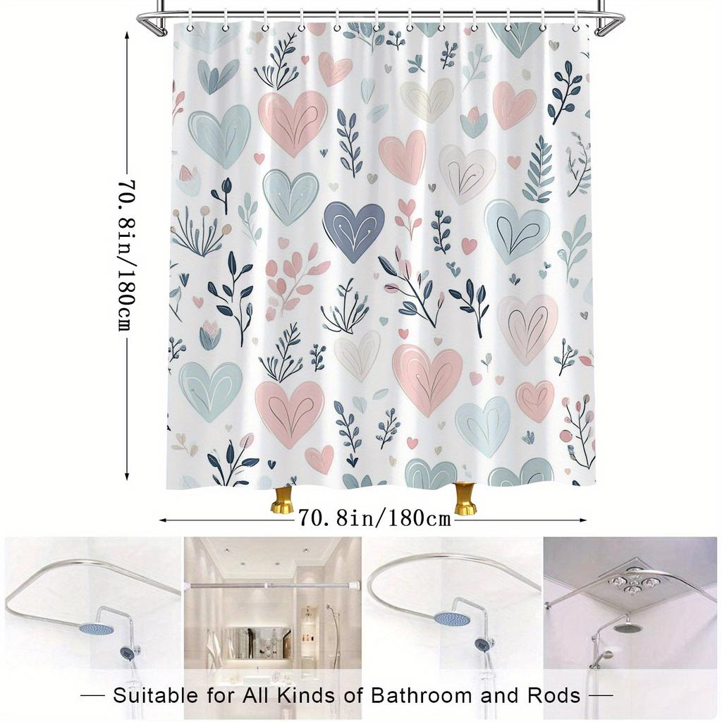 Akvarelový závěs do sprchy se srdíčky - Růžová, modrá a béžová srdíčka se stylizovanými listy na bílém pozadí, odolný polyester