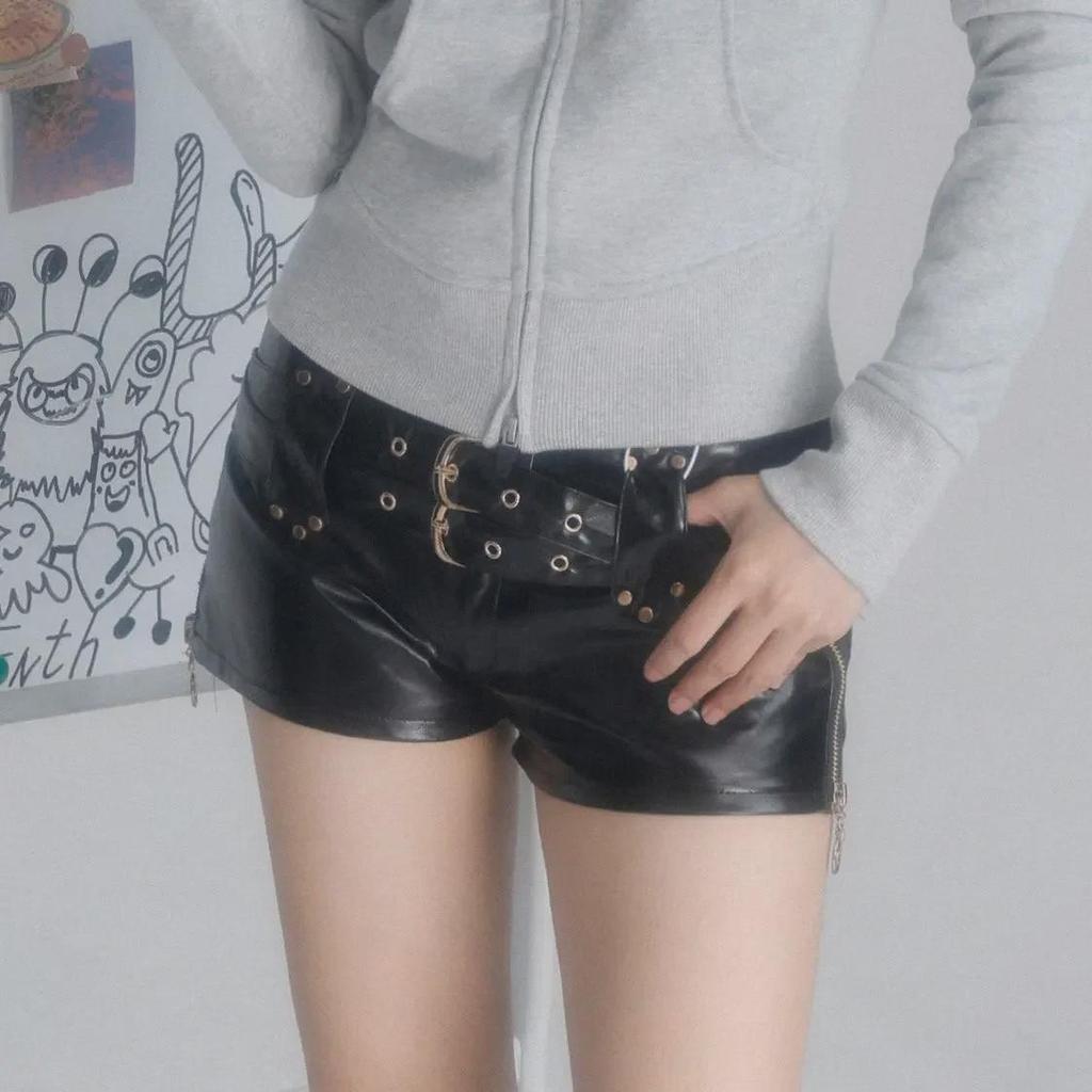 Y2K Retro Low Waist Rivet Shorts with Boots - Millennial Asian Punk Nightclub Style