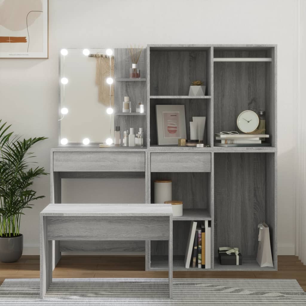 Vidaxl Dressing Table Set with LED Lighting, Sonoma Oak Grey
