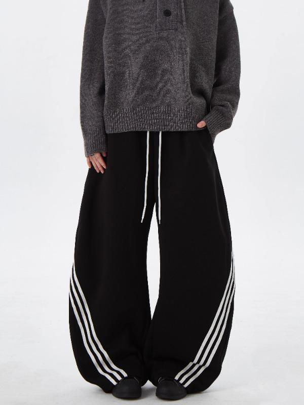 Retro Striped Color Block Wide-Leg Sweatpants with Elastic Drawstring for Men & Women