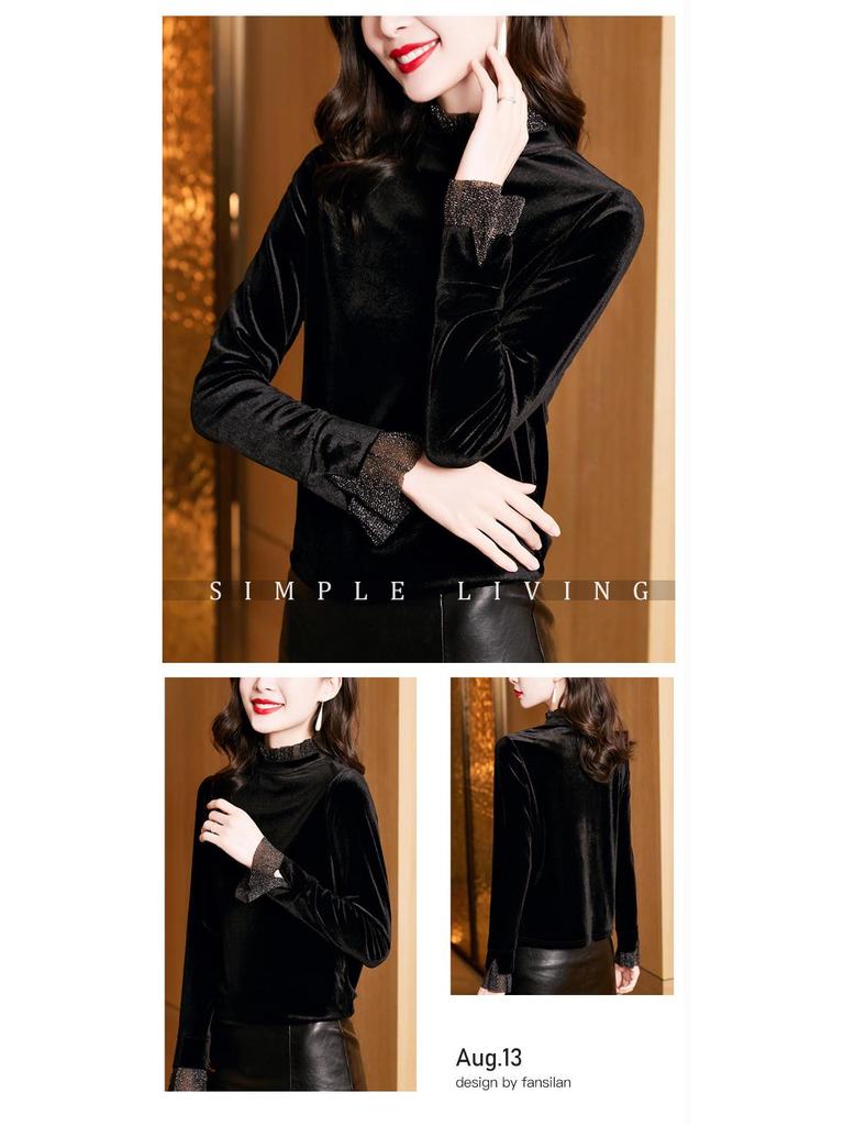 Elegant Black Velvet Top: Stand Collar, Silk Mesh Sleeves, Versatile Women's Base Shirt