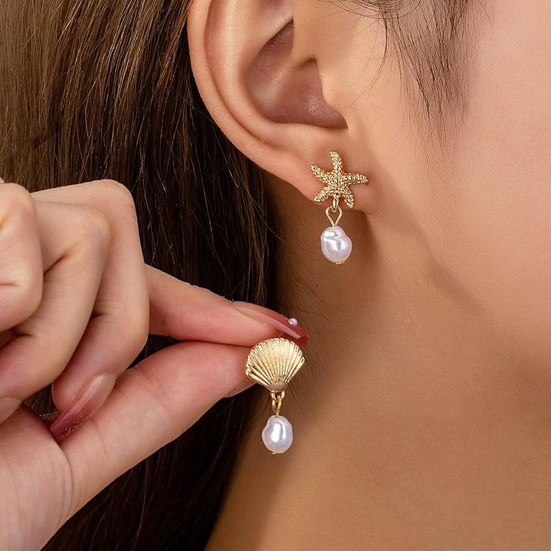 Creative Pearl Starfish Stud Earrings for Women - Exquisite Seaside Resort Style