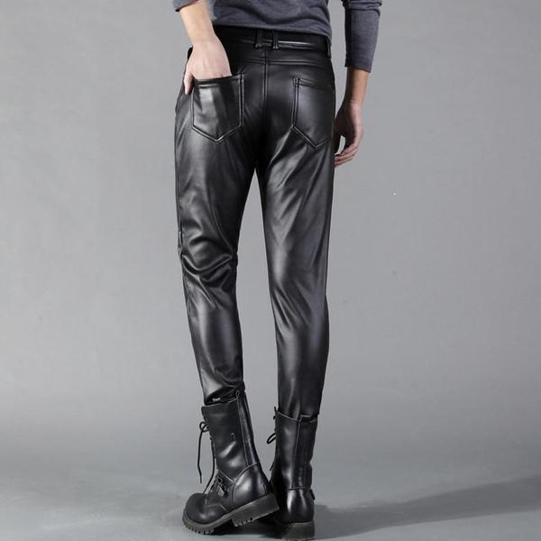 Men's Stretch Leather Pants Slim Fit Trend Tight Casual Trousers for Men PU Leather Trousers Motorcycle Pants