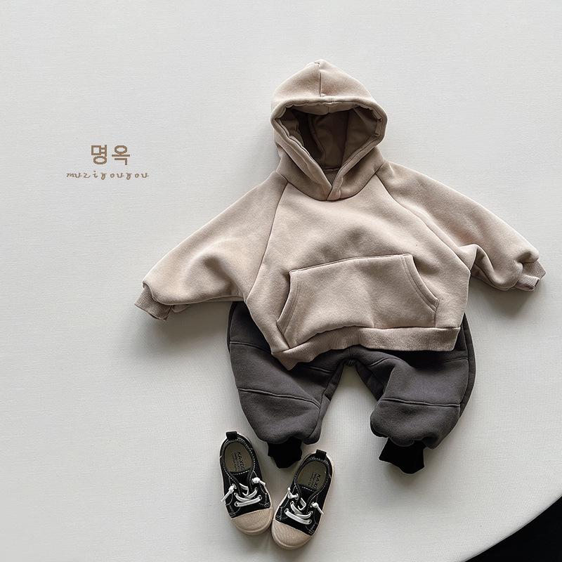 Kids Solid Color Warm Fleece Lined Hooded Pullover Sweatshirt For Boys And Girls