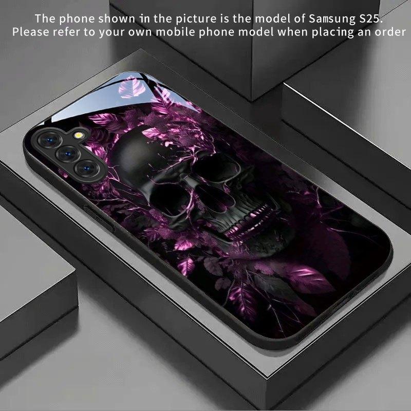 Purple leaf black skull pattern glass phone case suitable for Samsung Galaxy S26 S25 S24 S22 S21 S20 FE/Ultra/Plus anti fall