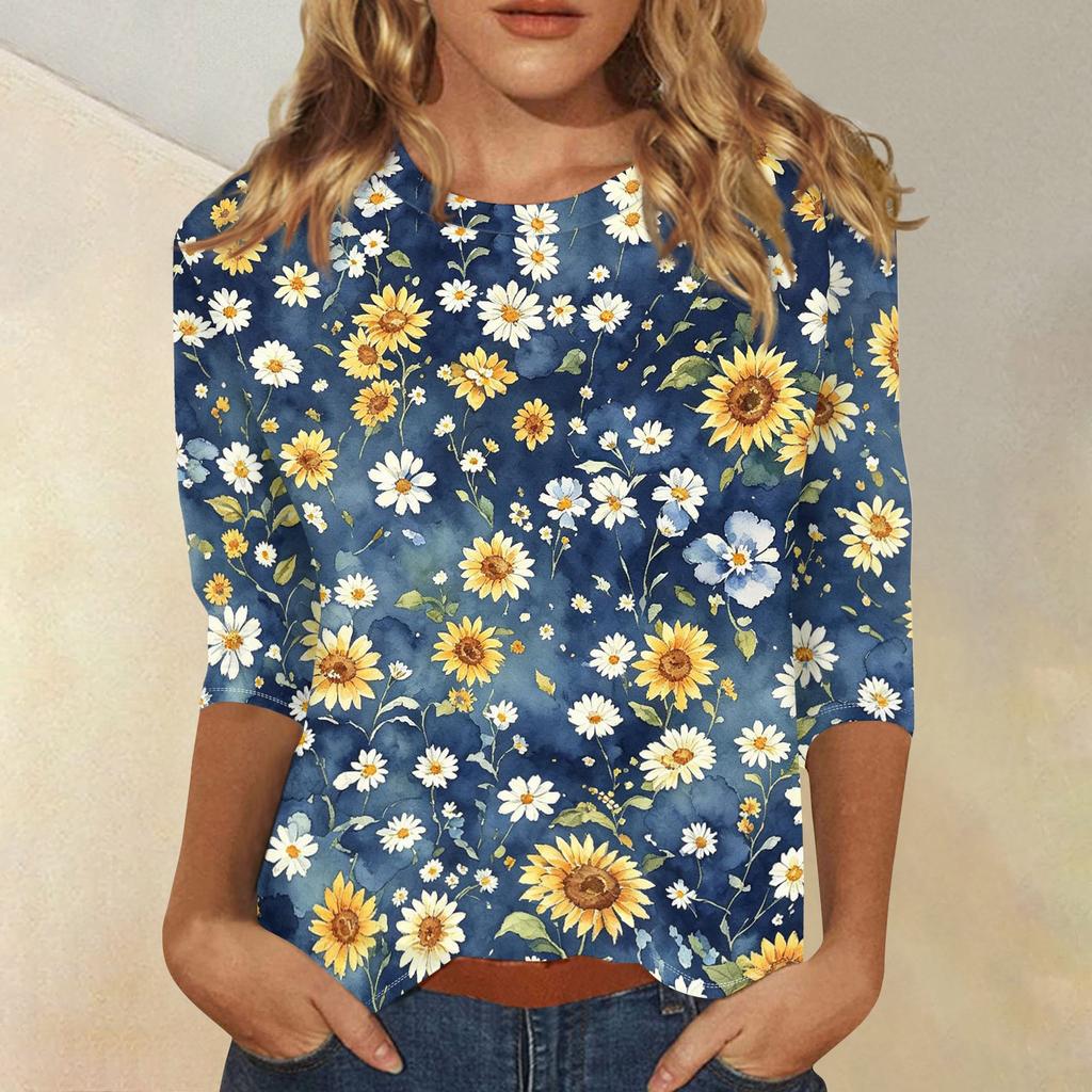 Women Casual Floral Print Round Neck Three Quarter Sleeve Top Lightweight Comfortable Fit Stylish Design Suitable for Everyday Wear