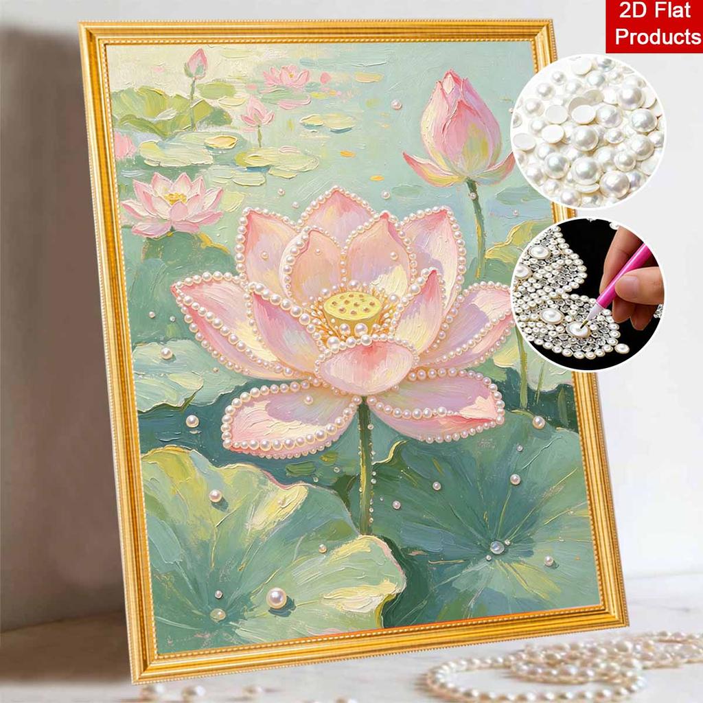 DIY Framed Pearl Painting Kit Elegant Pink Lotus Flower Pattern Sparkling Bead Canvas Art for Living Room Wall Decoration