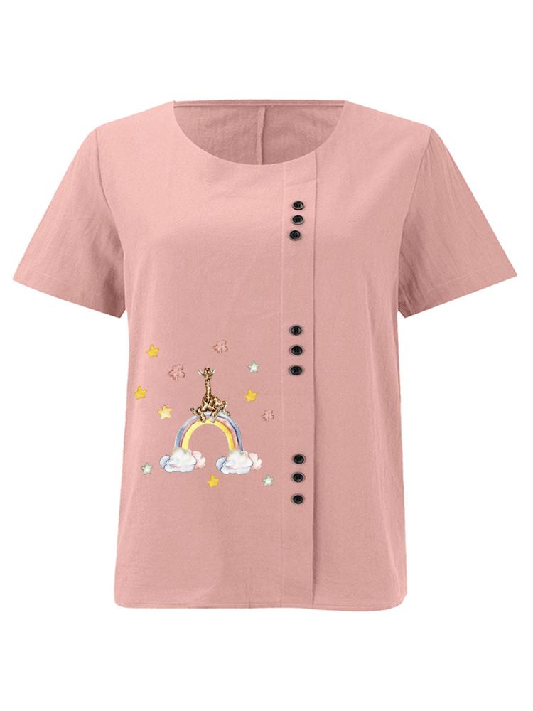 Women s Fashion Giraffe Rainbow Printing Round Neck Short Sleeve T-shirt Casual Cotton Linen Graphic Shirt Leisure Loose Summer Blouse Tops S розовый