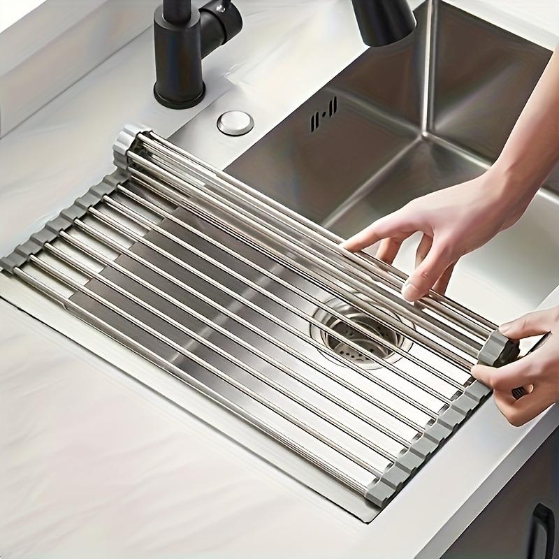 Premium stainless steel roll-up dish drying rack, space-saving, rust-resistant, easy-clean over-sink kitchen organizer.