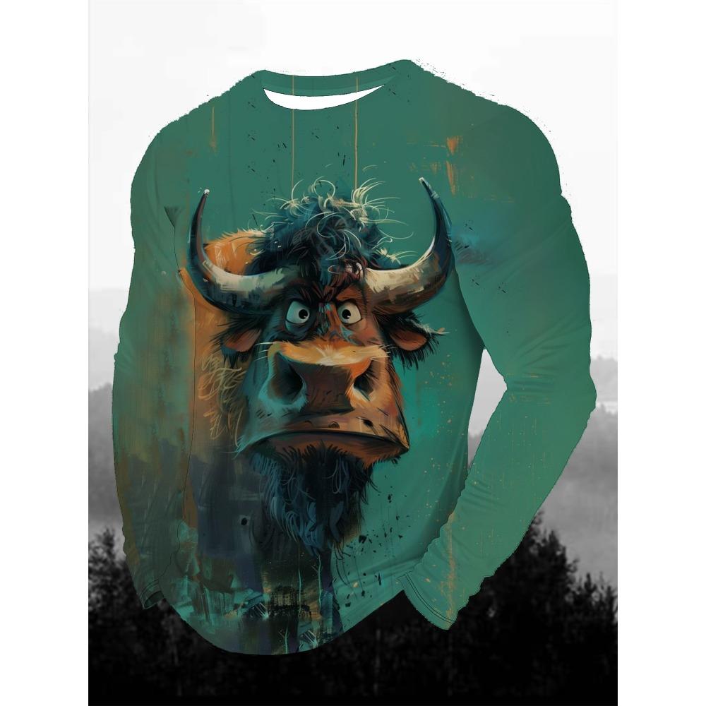 Funny Animal Design Retro Men 3D Printing Street Casual Daily Gray Long Sleeved Round Neck Shirt Spring And Autumn Clothing
