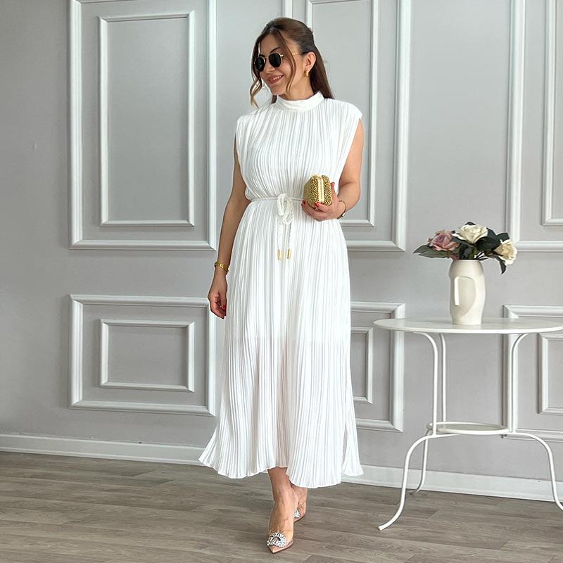2024 Summer Women's Pleated Tie-Waist Mid-Length Dress