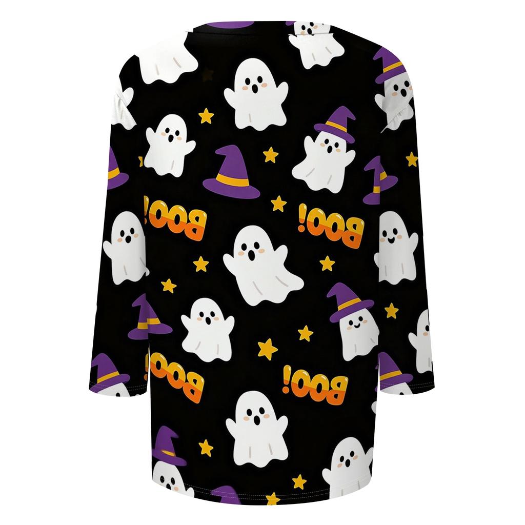 Women's Casual 3/4 Sleeve Halloween Graphic Top Crew Neck Printed Shirt Lightweight Comfortable Fit