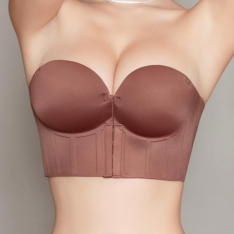 Women's Strapless Push Up Bra Invisible Front Closure Padded Bandeau No Slip Lift Up Bra for Wedding
