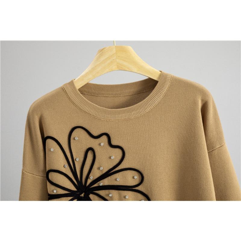 Autumn and Winter Chic Flower Design Round Neck Long Sleeve Hot Diamond Pullover Sweater Wide Leg Pants Two-piece Set