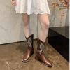 Women Retro Mid Calf Western Cowboy Motorcycle Boots Female Autumn Embroidered Square Toe Chunky Heel Design Brown Boots