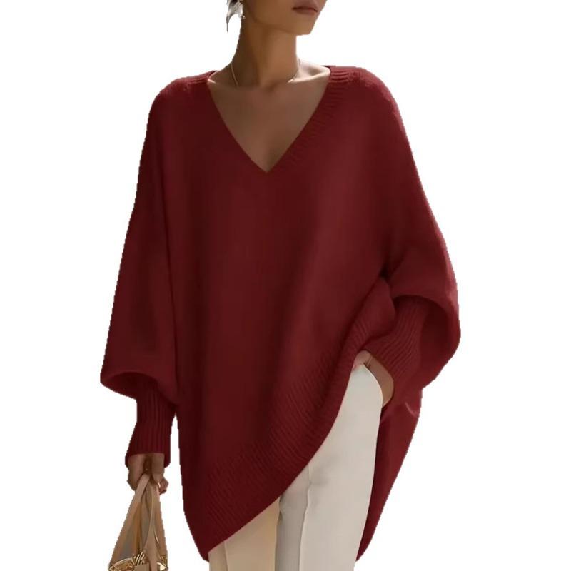 Damen S V-Ausschnitt Langarm Locker Einfarbig Strickpullover