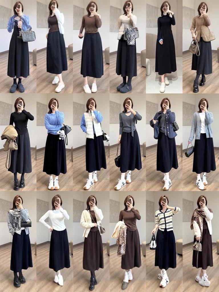 Wool-Blend 6-Panel Skirt with Elastic Waist and Hidden Inner Fold, Autumn/Winter Style