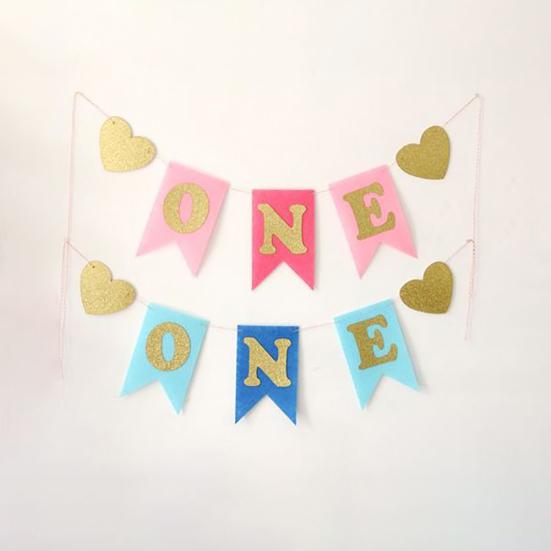 Baner na Pierwsze Urodziny Dziecka Chłopca Dziewczynki Brokatowy ONE Serce Girlanda Dekoracja na Krzesełko