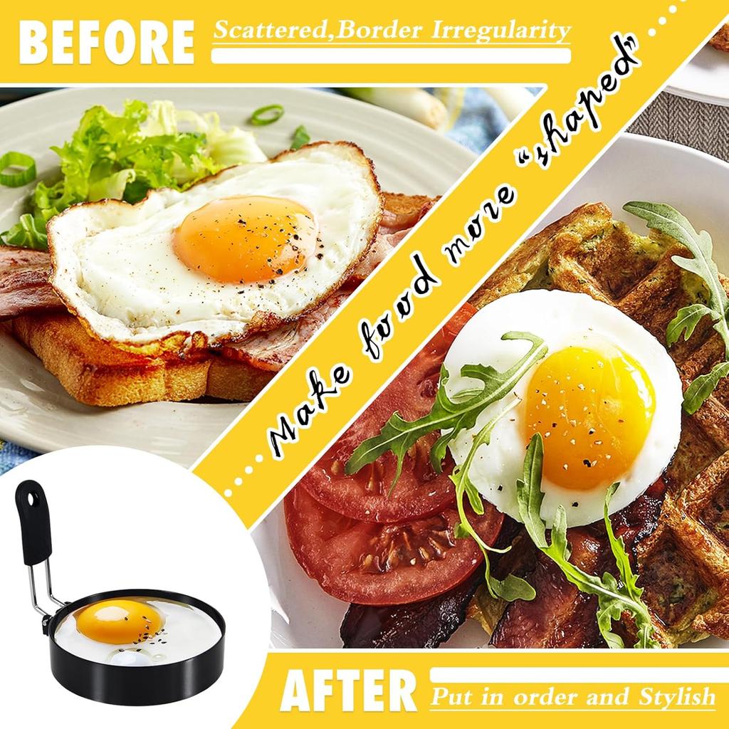 4 Pack Egg Rings for Frying Eggs, 3.5" Round Egg Cooking Stainless Steel, for English Muff Pancake, with Silicone Handle