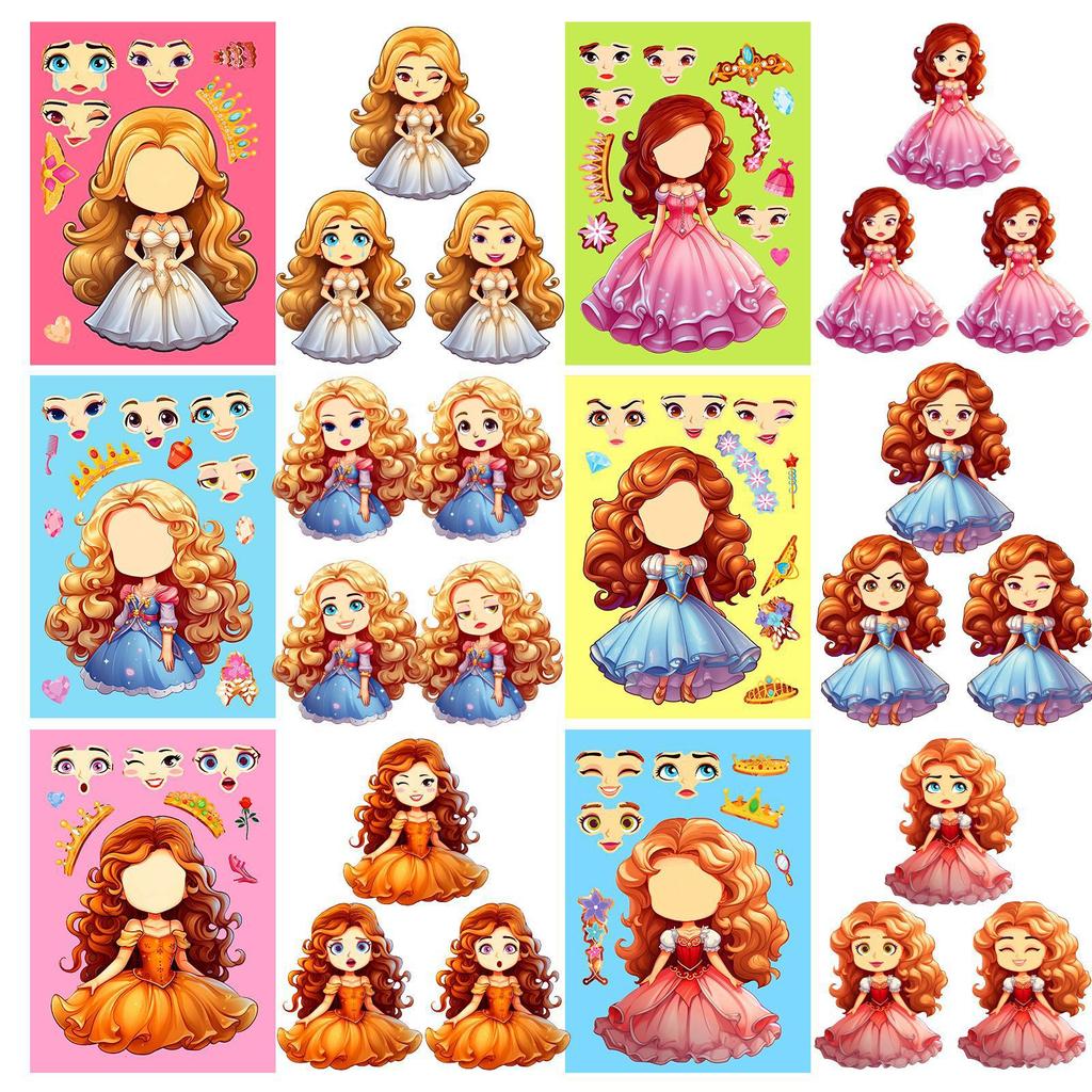 6 Photos/pack of Cute Princess Face Change Stickers Repeatable Stickers Girl Stickers
