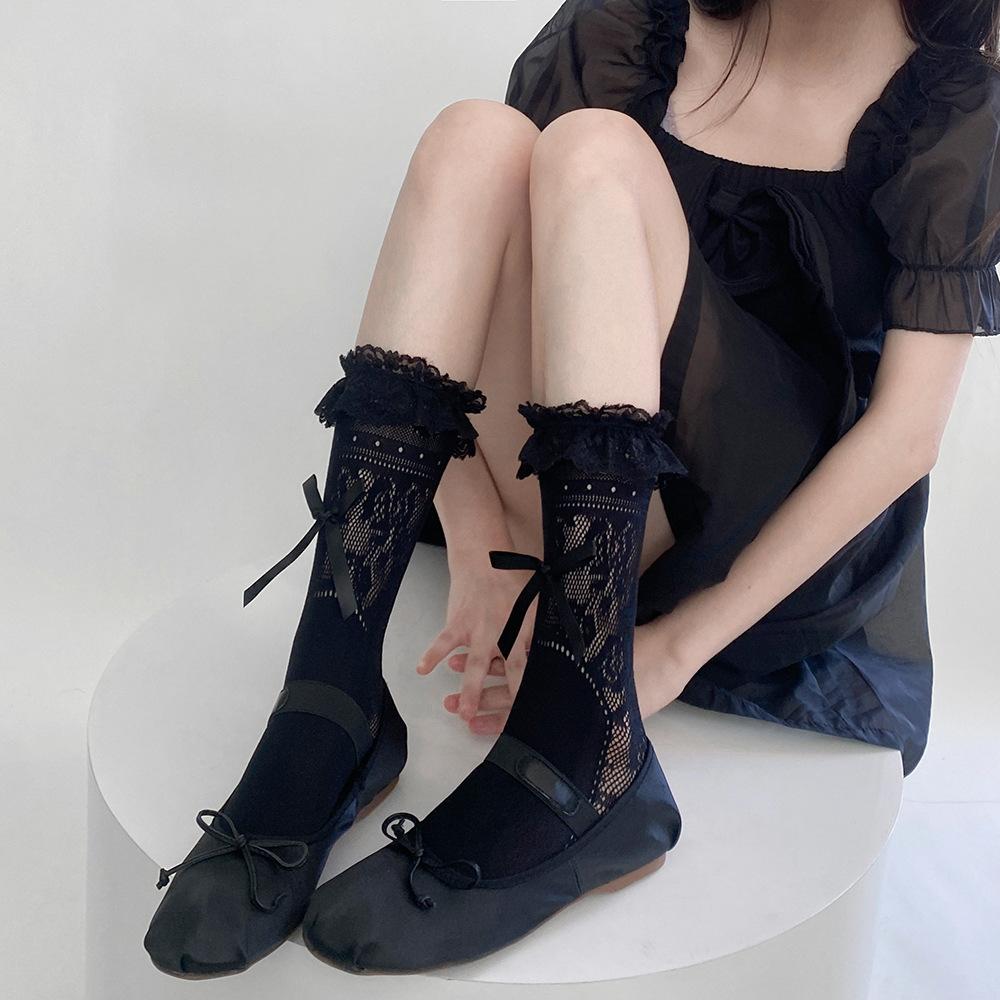 Summer Thin Lace Mid Tube Socks Sweet Bow Hollowed Ballet Calf Socks Lolita White