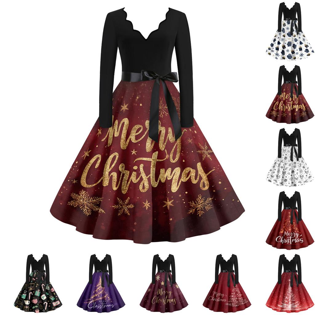 Women's Casual Fashion V Neck Christmas Printed Vintage Dress