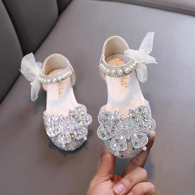 

Girls Sandals Summer Rhinestone Butterfly Kids Princess Dress Shoes Fashion Chic Bowtie Children Wedding Flat Sandals New 24