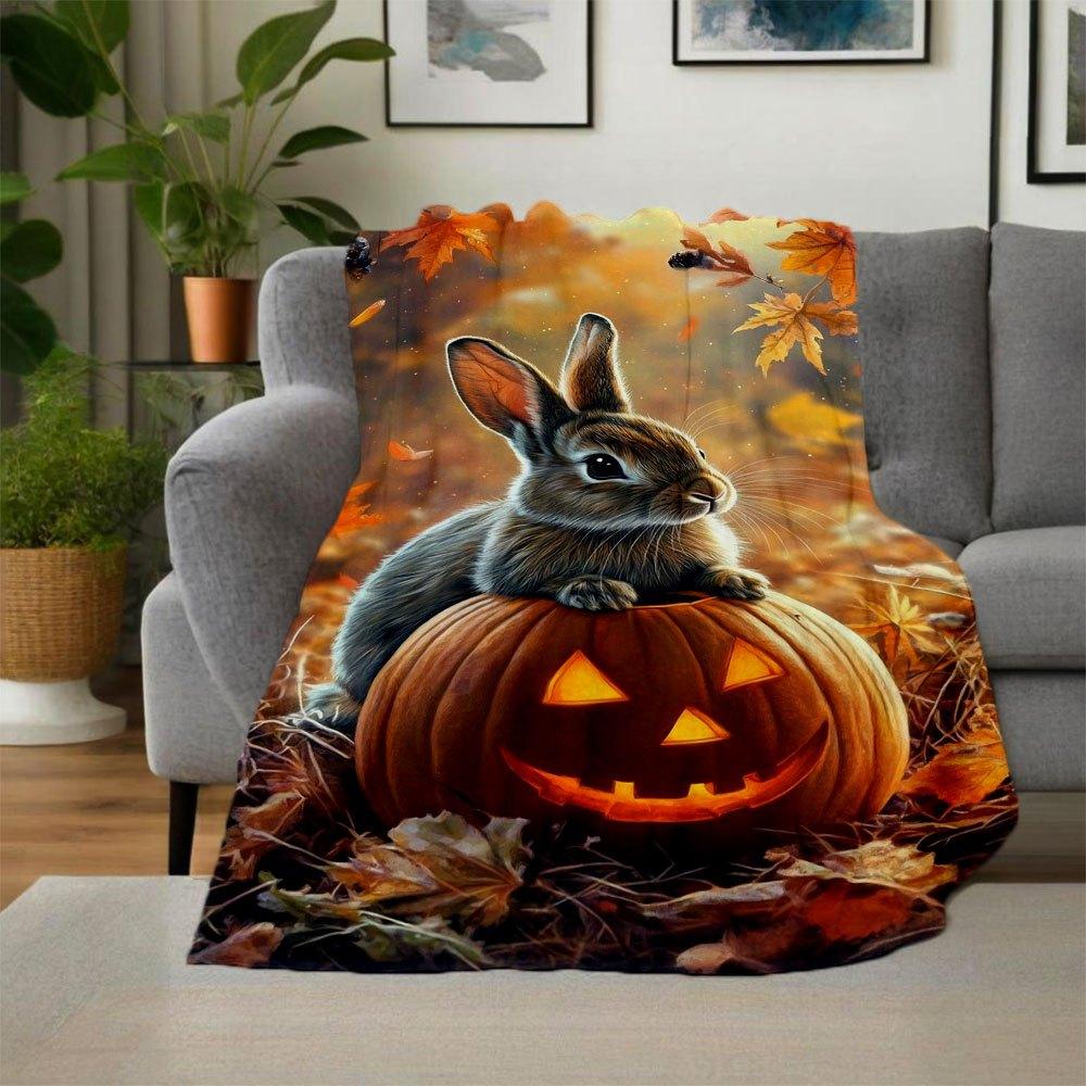 "Halloween Pumpkin Bunny Decor"Blanket Flannel Throw Blanket for Sofa, Bed, Travel, Camping, Office
