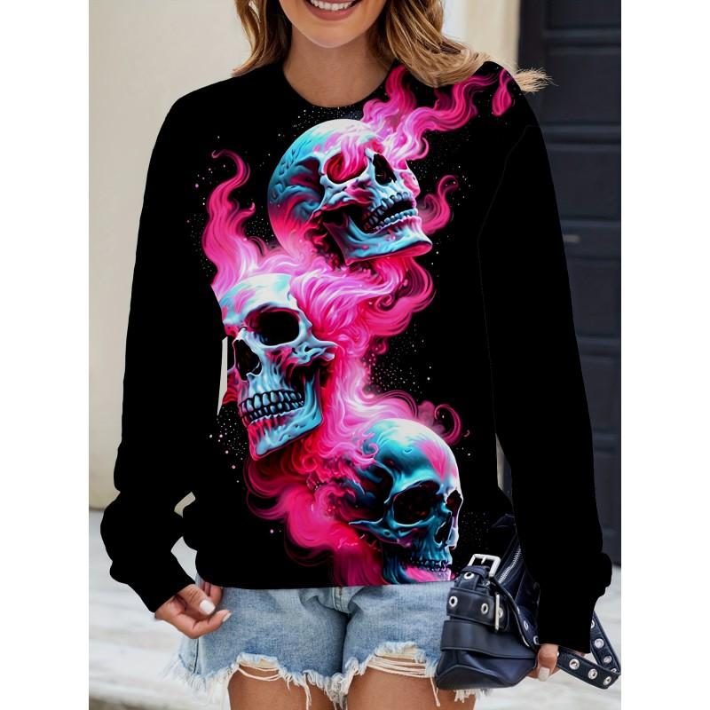 Womens Casual Hoodie With 3D Halloween Print Round Neck Lightweight Breathable Fabric