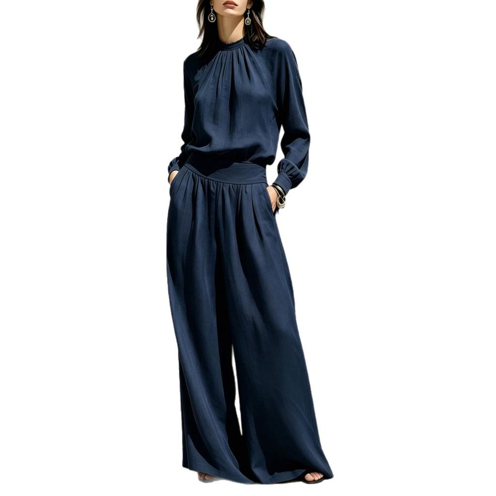 2026 Herbst Europäisches & Amerikanisches High-End Freizeit-Set mit Stehkragen: Damen lockeres Oberteil mit Weitbein-Hose